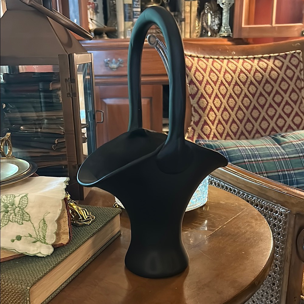 Tiffin Black Amethyst Satin Glass Flower Basket Vase
